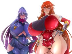  2girls akiyama_rinko artist_request bodysuit breasts cleavage_cutout clenched_hand clothing_cutout covered_navel curvy dress feet_out_of_frame female_focus gloves hand_on_own_hip highleg highleg_panties highres huge_breasts kamimura_maika long_hair looking_at_viewer multiple_girls panties partially_visible_vulva pelvic_curtain purple_eyes red_dress revealing_clothes simple_background skindentation smile standing string_panties taimanin_(series) taimanin_rpgx taimanin_suit taimanin_yukikaze thong underwear very_long_hair white_background wide_hips 