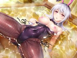 1girl amamiya_shisui animal_ears bare_shoulders blush bow bowtie breasts brown_eyes cuffs detached_collar fake_animal_ears fishnet_pantyhose fishnets game_cg large_breasts leotard lilith-soft long_hair lying nervous nipples on_back open_mouth pantyhose pulling_own_clothes rabbit_ears sauna spread_legs steam strapless strapless_leotard taimanin_(series) taimanin_rpgx water wet wet_clothes white_hair
