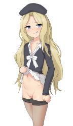1girl :q absurdres bad_id bad_pixiv_id beret black_hat black_pantyhose black_shirt blonde_hair blue_eyes blush bow cleft_of_venus clothes_lift clothes_pull collarbone collared_shirt flat_chest frenda_seivelun groin half-closed_eyes hat highres legs_together lifted_by_self long_hair long_sleeves looking_at_viewer naughty_face navel no_panties pantyhose pantyhose_pull parted_bangs pleated_skirt pussy school_uniform shirt simple_background skirt skirt_lift smile solo standing stomach toaru_kagaku_no_railgun toaru_majutsu_no_index tongue tongue_out very_long_hair wavy_hair white_background white_bow white_shirt white_skirt yakihebi rating:Explicit score:199 user:danbooru