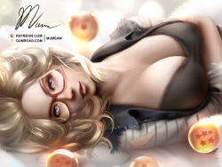  1girl android_18 bespectacled blonde_hair blue_eyes breasts cleavage dragon_ball dragon_ball_(classic) dragon_ball_(object) glasses lying medium_breasts mumeaw on_back parted_lips realistic torn_clothes upper_body  rating:Sensitive score:10 user:Mumeaw
