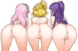 3girls anus asahina_mirai ass bent_over blonde_hair braid censored cleft_of_venus facing_away female_focus french_braid from_behind green_hairband ha-chan_(mahou_girls_precure!) hairband izayoi_liko kuppipi_ramutarou long_hair mahou_girls_precure! mosaic_censoring multiple_girls nude pink_hair precure purple_hair pussy simple_background thigh_gap thighs white_background rating:Explicit score:114 user:ponekad