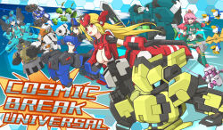 blonde_hair blue_eyes blue_hair breasts cleavage contest_winner copyright_name cosmic_break cosmo_kaiser crimrose gun headgear holding holding_gun holding_weapon itntn large_breasts lazflamme lily_rain long_hair manimo mecha_musume midriff multiple_girls navel open_mouth pepen pink_hair ponytail red_eyes second-party_source short_hair smile sword weapon winberrl zero_saber_(cosmic_break) 