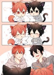  2boys :3 absurdres animal_ears black_eyes black_hair blush cat_boy cat_ears cat_tail chibi closed_eyes collared_shirt given grey_hoodie grey_shirt grey_sweater hair_between_eyes heart highres holding holding_paper hood hood_down hoodie long_sleeves male_focus motion_lines multiple_boys murata_ugetsu musical_note open_mouth orange_eyes orange_hair paper pinoli_(pinoli66) satou_mafuyu shirt smile sound_effects sweater tail tongue tongue_out 