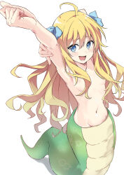  1girl :d absurdres ahoge arm_behind_head armpits arms_up blonde_hair blue_bow blue_eyes bow breasts clenched_hand collarbone commentary_request curly_hair dot_nose eyelashes eyes_visible_through_hair fanged_bangs fingernails from_below full_body groin hair_between_eyes hair_bow hair_censor hair_over_breasts highres holding_own_arm jashin-chan jashin-chan_dropkick lamia long_bangs long_hair looking_at_viewer looking_up monster_girl navel nude open_mouth outstretched_arm rauto sidelocks sideways_glance simple_background small_breasts smile solo stomach stretching very_long_hair white_background 