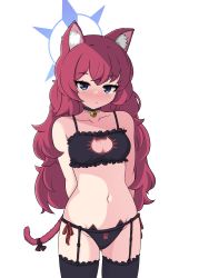 1girl absurdres animal_ear_fluff animal_ears bell black_bra black_panties blue_archive blush bra breasts cat_cutout cat_ear_panties cat_ears cat_girl cat_lingerie cat_tail choker cleavage_cutout clothing_cutout collarbone frilled_bra frills garter_straps grey_eyes highres hrna iroha_(blue_archive) jingle_bell lingerie long_hair meme_attire navel neck_bell panties paw_print red_hair side-tie_panties small_breasts solo tail thighhighs underwear underwear_only wavy_hair rating:Sensitive score:73 user:danbooru