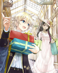  1boy 1girl :d bag blonde_hair blue_eyes character_request cover cover_page dress falma_de_medicis gift hat indoors isekai_yakkyoku keepout lens_flare long_hair long_sleeves novel_cover open_mouth shopping_bag short_hair smile tilted_headwear walking white_dress 