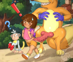  ! 1girl 1other 2boys :| ? algozhell_(lucas_mist) animal_penis artist_logo artist_name backpack bag belly blush boots_the_monkey brown_eyes brown_hair closed_mouth confused dark-skinned_female dark_skin day dora_marquez dora_the_explorer embarrassed erection evil_grin evil_smile eyebrows eyelashes forest fox_boy full_body furry furry_male grin heart heart-shaped_pupils highres loli looking_at_penis looking_to_the_side map_(dora_the_explorer) matching_hair/eyes medium_hair monkey multiple_boys nature orange_shorts outdoors penis penis_awe pink_shirt precum purple_bag sharp_teeth shirt shoes short_sleeves shorts smile sneakers socks surprised swiper_the_fox symbol-shaped_pupils teeth testicles uncensored walking white_footwear yellow_socks  rating:Explicit score:112 user:Only_Kemonomimi