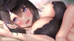  1girl akira_shiun arm_under_breasts black_bra black_hair blurry blurry_background blush bra breasts cleavage commentary_request highres large_breasts long_hair looking_at_viewer lying medium_hair mole mole_under_eye multicolored_hair on_back open_mouth original purple_eyes purple_hair purple_nails sidelocks smile solo streaked_hair teeth two-tone_hair underwear upper_body 