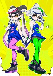  2girls ankle_boots bare_shoulders black_hair black_shorts blue_dress blue_jumpsuit boots bow-shaped_hair breasts callie_(splatoon) cousins covered_navel cross-shaped_pupils detached_collar dress earrings eyelashes food food_on_head gloves gradient_hair green_hair green_pantyhose grey_hair hand_up highres holding_hands inkling interlocked_fingers jewelry jumpsuit koharu2.5 leg_up long_hair marie_(splatoon) mole mole_under_eye multicolored_hair multiple_girls nintendo object_on_head outline pantyhose parted_lips pink_hair pink_pantyhose pointy_ears red_pupils short_eyebrows short_hair short_jumpsuit shorts shorts_under_dress small_breasts splatoon_(series) splatoon_1 star_(symbol) strapless strapless_dress symbol-shaped_pupils tentacle_hair two-tone_hair very_long_hair white_gloves white_outline yellow_eyes 