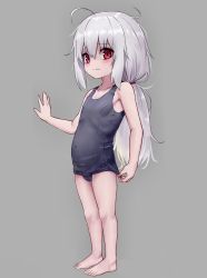  1girl adjusting_clothes adjusting_swimsuit ahoge barefoot blue_one-piece_swimsuit breasts cameltoe covered_navel eha7y feet full_body grey_background highres long_hair messy_hair one-piece_swimsuit original ponytail red_eyes school_swimsuit silver_hair simple_background small_breasts solo swimsuit toes  rating:Questionable score:19 user:danbooru