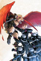 6+boys angry black_footwear black_gloves black_shirt blonde_hair bodysuit boku_no_hero_academia boots brown_jacket brown_legwear brown_pants bubaigawara_jin cleaned clenched_teeth clone feathered_wings feathers fighting fighting_stance fur_trim gloves goggles hawks_(boku_no_hero_academia) headphones highres holding holding_weapon horikoshi_kouhei jacket long_sleeves looking_at_another male_focus mask multiple_boys official_art pale_skin pants red_wings scar shirt short_hair simple_background sleeves_past_elbows teeth textless weapon white_background wings zipper zipper_pull_tab rating:Sensitive score:5 user:yakamozwretch