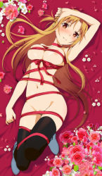  10s 1girl areola_slip armpits arms_up artist_request asuna_(sao) blush breasts female_focus full_body long_hair looking_at_viewer lying naked_ribbon on_back pubic_hair ribbon solo sword_art_online tagme thighhighs  rating:Questionable score:42 user:kari203