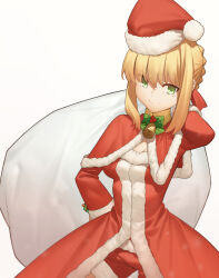  1girl absurdres bell blonde_hair blush braid breasts brooch capelet christmas cleavage dress fate/grand_order fate_(series) green_eyes hair_ribbon hat highres jewelry large_breasts nero_claudius_(fate) nero_claudius_(fate)_(all) red_capelet red_dress ribbon santa_costume santa_hat shiki_zzy smile solo 