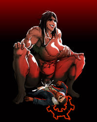  abs absurdres bandages black_hair breasts clothed_sex cum cum_in_pussy darkest_dungeon giant giantess girl_on_top grin highres huge_breasts muscular muscular_female rape scar sex smile thick_thighs thighs  rating:Explicit score:21 user:nyalki