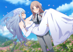 2girls bang_dream! bang_dream!_it&#039;s_mygo!!!!! black_necktie blue_eyes blue_hair blue_sky blurry blurry_background blush breasts bridal_veil brown_hair carrying cleavage closed_mouth collared_shirt day dress elbow_gloves falling_petals female_focus flower formal gloves grey_jacket grey_pants grey_suit hair_flower hair_ornament hand_on_another&#039;s_back hand_on_another&#039;s_head hand_on_another&#039;s_thigh jacket long_hair looking_at_another medium_breasts multiple_girls nagasaki_soyo necktie outdoors pants parted_lips petals princess_carry shirt sky smile strapless strapless_dress suit suit_jacket togawa_sakiko veil wedding_dress white_flower white_gloves white_shirt wife_and_wife yghm yuri