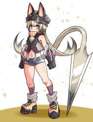  1girl animal_hat black_gloves black_hair black_hat black_shirt black_shorts cat_girl cat_hat cat_tail clenched_hands cougar_(cougar1404) cropped_shirt full_body gloves gradient_hair grey_hair grey_socks hashtag-only_commentary hat huge_weapon key_(cougar1404) long_hair looking_at_viewer low_twintails micro_shorts multicolored_hair navel orange_footwear orange_scarf original prototype_design scarf shirt shoes shorts sleeveless sleeveless_shirt socks solo standing suspender_shorts suspenders sword tail thigh_strap twintails weapon yellow_eyes 
