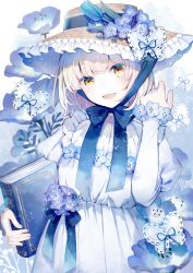  1girl :d absurdres artist_name blonde_hair blue_bow blue_flower blue_theme blurry book bow bug butterfly chin_strap commentary_request cowboy_shot depth_of_field dress flower frilled_dress frilled_hat frills hat hat_flower highres hitoba holding holding_book insect juliet_sleeves long_sleeves looking_at_viewer medium_hair nemophila_(flower) open_mouth original puffy_sleeves smile solo sun_hat white_dress yellow_eyes 