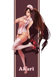  1girl akali bai_linqin breasts breasts_out brown_eyes brown_hair english_text engrish_text feet full_body high_heels highres league_of_legends long_hair looking_at_viewer nipples nurse open_clothes open_mouth panties ponytail ranguage shoe_dangle shoes single_shoe smile solo standing thighhighs tongue underwear undressing very_long_hair white_thighhighs  rating:Questionable score:89 user:ryp12345