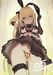  1girl allee_winter_(star_lusts) animal_ears beijuu black_bow black_bowtie black_gloves blonde_hair blue_eyes bow bowtie breasts bridal_garter cleft_of_venus closed_mouth elbow_gloves fake_animal_ears from_below gloves hair_between_eyes heart_maebari highres lingerie long_hair looking_down maebari medium_breasts negligee one_side_up pussy rabbit_ears see-through solo star_lusts uncensored underwear very_long_hair 