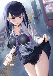  1girl absurdres black_hair black_one-piece_swimsuit black_skirt blue_necktie blunt_bangs breasts cellphone closed_mouth clothes_lift collarbone collared_shirt commentary_request competition_swimsuit earbuds earphones groin highleg highres holding holding_phone large_breasts lifting_own_clothes looking_at_viewer moe2022 morros necktie one-piece_swimsuit original phone plaid plaid_skirt red_eyes school_uniform see-through see-through_shirt shirt skirt skirt_lift smartphone standing striped_necktie swimsuit swimsuit_under_clothes thighs tongue tongue_out train_station_platform vending_machine wet wet_clothes white_shirt  rating:Sensitive score:32 user:danbooru