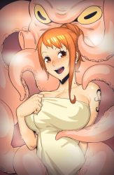 1boy 1girl arm_behind_back bath bestiality blush breast_hold breasts dyun earrings embarrassed hair_up hetero highres holding holding_clothes holding_towel jewelry large_breasts nami_(one_piece) octopus one_piece orange_hair smile spring_octopus_(one_piece) steam sweat tattoo tentacles towel rating:Questionable score:66 user:congealeddgtllvr