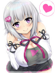  1girl amau_(kosmos) bare_shoulders black_ribbon black_skirt blush breasts cleavage closed_mouth covered_erect_nipples detached_sleeves hair_ornament heart heart_hair_ornament large_breasts long_sleeves looking_at_viewer miniskirt moemi_&amp;_yomemi_channel pleated_skirt purple_eyes ribbon short_hair silver_hair simple_background skirt sleeves_past_wrists smile solo spoken_heart virtual_youtuber white_background yomemi 