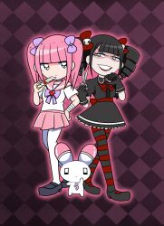  2girls animal argyle argyle_background bandaged_arm bandages black_dress black_eyes black_footwear black_gloves black_hair black_pantyhose blunt_bangs bow bowtie boxcutter choker closed_mouth dress drill_hair earrings evil_smile expressionless ezaki_bisuko frilled_dress frilled_gloves frills full_body gloves gothic_lolita gothloli-chan_(ezaki_bisuko) hair_bow hand_on_own_hip hand_up heart highres holding holding_boxcutter holding_scissors jewelry jitome lolita_fashion looking_at_another menhera-chan_(ezaki_bisuko) menhera-chan_(ezaki_bisuko)_(character) multiple_girls outer_glow pantyhose partially_shaded_face pink_hair pink_sailor_collar pink_skirt pleated_skirt puffy_short_sleeves puffy_sleeves purple_background purple_bow purple_choker rabbit red_bow red_bowtie red_lips red_pantyhose sailor_collar school_uniform scissors serafuku short_sleeves short_twintails sidelocks skirt skull smile striped_clothes striped_pantyhose teeth twin_drills twintails usatan_(ezaki_bisuko) white_pantyhose white_serafuku 