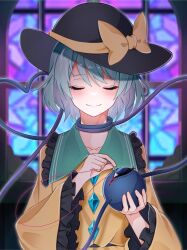  1girl black_hat blue_eyes blurry blurry_background blush bow buttons chireiden closed_eyes closed_mouth commentary_request crying crying_with_eyes_open diamond_button frilled_shirt_collar frilled_sleeves frills green_hair hair_between_eyes hands_up hat hat_bow heart heart_of_string highres holding holding_eyeball holding_needle implied_suicide indoors koishi_day komeiji_koishi long_sleeves munari_yugi needle sewing sewing_needle short_hair smile solo split_mouth stained_glass straight-on symbolism tears third_eye touhou twitter_username upper_body wide_sleeves window yellow_bow 