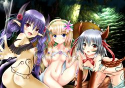  3girls :d :o aatora_the_fascinating_fiend ahoge all_fours andrew_(duel_angel) ankle_lace-up ass back bare_shoulders blonde_hair blue_eyes blunt_bangs blush body_blush bottomless bracelet braid breasts brown_eyes cleft_of_venus clothes_lift collarbone cross-laced_footwear dimples_of_venus duel_monster fang female_focus flower groin hair_between_eyes hair_bobbles hair_flower hair_ornament hairband highres indoors jewelry kazuura_the_fascinating_fiend legs long_hair looking_at_viewer looking_back multiple_girls navel nipple_slip nipples nude open_hand open_mouth outstretched_arm pointy_ears puffy_nipples purple_hair pussy red_eyes shirt_lift short_hair silver_hair sitting small_breasts smile thighs trion_the_fascinating_fiend twin_braids uncensored yu-gi-oh! yu-gi-oh!_duel_monsters 