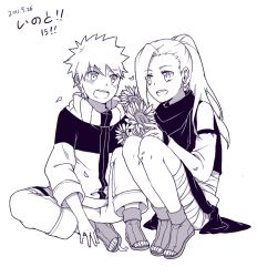  1boy 1girl :d arm_warmers asainaruto bandages blush couple dated earrings eye_contact facing_another flower full_body happy hetero high_ponytail jacket japanese_text jewelry kanji legs_together long_hair long_sleeves looking_at_another monochrome naruto naruto_(series) open_mouth pants petals ponytail sandals shirt short_hair sitting skirt sleeveless sleeveless_shirt smile spiked_hair sunflower teeth tongue translated uzumaki_naruto yamanaka_ino 