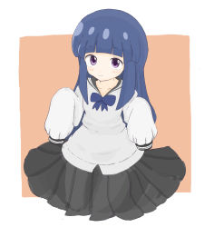 1girl absurdres black_sailor_collar black_skirt blue_bow blue_hair blush bow brown_background closed_mouth collarbone commentary_request furude_rika highres higurashi_no_naku_koro_ni long_hair oversized_clothes pleated_skirt purple_eyes rururu_(pyrk8855) sailor_collar shirt skirt sleeves_past_fingers sleeves_past_wrists smile solo two-tone_background very_long_hair white_background white_shirt rating:Sensitive score:4 user:danbooru