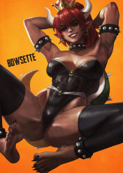  1girl absurdres anklet armlet armpits arms_behind_head arms_up barefoot black_leotard black_nails black_thighhighs bowsette breasts brooch character_name collar commentary crown dark-skinned_female dark_skin double-parted_bangs earrings english_commentary feet forked_eyebrows gluteal_fold grin hair_between_eyes high_ponytail highleg highleg_leotard highres horns jewelry large_breasts leotard long_hair looking_at_viewer lying mario_(series) monori_rogue nail_polish new_super_mario_bros._u_deluxe nintendo on_back orange_background pointy_ears red_eyes red_hair sharp_teeth sharp_toenails smile soles solo spiked_anklet spiked_armlet spiked_collar spiked_shell spiked_tail spikes spread_legs strapless strapless_leotard super_crown tail teeth thighhighs toenails toes turtle_shell white_horns 