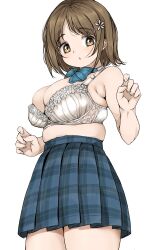 1girl armpits blue_bow blue_bowtie bow bowtie bra breasts brown_eyes brown_hair bursting_breasts cleavage cowboy_shot flower gatsby_ssl hair_flower hair_ornament high-waist_skirt highres idolmaster idolmaster_cinderella_girls lace lace_bra large_breasts midriff mimura_kanako muffin_top no_shirt parted_lips plaid plaid_skirt pleated_skirt plump short_hair skindentation skirt solo thighs undersized_clothes underwear white_bra rating:Questionable score:29 user:danbooru