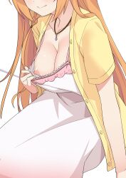  1girl absurdres breasts collarbone commentary_request dress highres jewelry long_hair medium_breasts morisobo necklace nipples one_breast_out open_clothes open_shirt orange_hair pecorine_(princess_connect!) princess_connect! pulled_by_self shirt short_sleeves simple_background sitting solo white_background yellow_shirt 