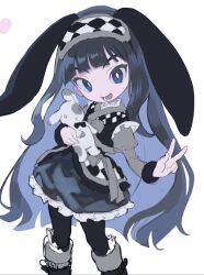  1girl :d animal_ears black_hair black_leggings blue_eyes boots bright_pupils checkered_clothes checkered_hairband checkered_headwear collar dot_nose dress droopy_ears facing_viewer frilled_collar frilled_dress frills from_above happy highres holding holding_stuffed_toy juliet_sleeves leggings long_hair long_sleeves looking_at_viewer lower_teeth_only myunazzang open_mouth original outstretched_hand pigeon-toed puffy_sleeves rabbit_ears sidelocks simple_background smile solo stuffed_animal stuffed_rabbit stuffed_toy teeth three_quarter_view turning_head v very_long_hair white_background white_pupils 