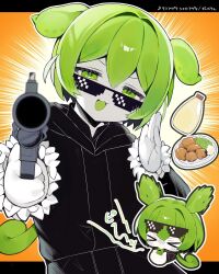  1girl black_jacket black_pants blush commentary_request deal_with_it_(meme) eyewear_on_head food fried_chicken green_eyes green_hair gun handgun highres holding holding_gun holding_weapon jacket looking_at_viewer mayonnaise me2lto_o meme momiage_wo_shakaage_wo pants plate revolver short_hair sunglasses translation_request upper_body voiceroid voicevox weapon whistle zundamon 