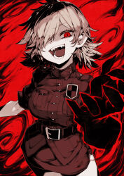  1girl belt belt_buckle black_belt breasts brown_shirt brown_skirt buckle commentary english_commentary fangs hair_over_one_eye hellsing highres large_breasts looking_at_viewer medium_hair military_uniform open_mouth parororo red_eyes seras_victoria shirt short_sleeves skirt smile solo standing teeth tongue uniform 