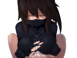  1boy 1girl assassin assertive_female black_bodysuit black_dress black_mask bodysuit breast_hold breasts breasts_squeezed_together censored cleavage clenched_hands closed_eyes cum cum_in_clothes cum_on_body cum_on_breasts cum_on_upper_body dress expressionless facing_viewer frfr game_cg hair_between_eyes hetero knees knees_up large_breasts lying medium_hair mon-musu_quest! mon-musu_quest:_paradox mosaic_censoring ninja no_bra paizuri paizuri_under_clothes pale_skin ponytail pov shota torn_bodysuit torn_clothes transparent_background upper_body  rating:Explicit score:66 user:Plunta
