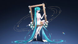  1girl absurdres aqua_eyes aqua_hair ass backless_dress backless_outfit bare_back blue_background breasts commentary_request dimples_of_venus dress drop_earrings earrings empty_picture_frame expressionless flower full_body gloves gold_trim hair_between_eyes hair_ornament halter_dress halterneck hatsune_miku high_heels highres jewelry long_hair looking_at_viewer looking_back ningjuice picture_frame rose shoulder_blades sitting small_breasts solo very_long_hair vocaloid white_dress white_flower white_footwear white_gloves white_rose wide_shot yellow_flower 