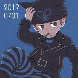  1boy 2019 arm_belt beanie belt belt_buckle black_belt black_eyes black_footwear black_hat black_jacket black_pants black_shirt blue_background blue_pants blue_shirt brown_hair buckle buttons candy_stick collared_jacket commentary_request danganronpa_(series) danganronpa_v3:_killing_harmony dated feet_out_of_frame fingernails food_in_mouth half-closed_eyes hand_on_headwear hat horned_hat hoshi_ryoma jacket layered_sleeves leather leather_jacket long_sleeves looking_to_the_side male_focus pants rinka_(rinka0912) shirt shoes short_hair simple_background sitting solo striped_clothes striped_pants striped_shirt two-tone_pants two-tone_shirt zipper zipper_pull_tab 