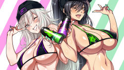  2girls bikini bikini_top_only black_eyes black_hair blush breasts can covered_erect_nipples drink_can embarrassed enadori_oneesan_to_ecchi_shiyo? eyes_visible_through_hair female_focus grey_hair grin hat hayashi_cherry high_ponytail highres holding huge_breasts large_breasts long_hair looking_at_viewer mole mole_under_mouth multiple_girls nail_polish navel one_eye_closed original simple_background smile two-tone_background upper_body v wink yellow_eyes  rating:Sensitive score:19 user:Kentabarou