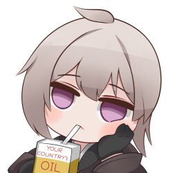  1girl ahoge black_gloves brown_jacket chibi commentary drinking_straw drinking_straw_in_mouth empty_eyes english_commentary english_text expressionless furrowed_brow girls&#039;_frontline gloves grey_hair hand_on_own_cheek hand_on_own_face highres jacket juice_box long_hair long_sleeves looking_at_viewer m200_(girls&#039;_frontline) purple_eyes solo upper_body yuga_pratama 
