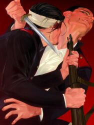  2boys absurdres bandaged_head bandages beard_stubble black_eyes black_hair black_jacket black_sleeves black_suit blood blood_on_face buttons clenched_teeth collared_shirt commentary dagger duel facial_hair fighting fingernails formal golden_kamuy gradient_background gun gun_to_neck hand_on_another&#039;s_hip highres holding holding_dagger holding_gun holding_knife holding_weapon jacket kajibaji knife layered_sleeves long_sleeves looking_at_another male_focus multiple_boys ogata_hyakunosuke open_clothes open_jacket red_background shirt short_hair shotgun simple_background stubble suit symbol-only_commentary teeth thick_eyebrows upper_body usami_tokishige very_short_hair weapon white_shirt yaoi 