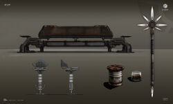  absurdres artist_name commentary company_name concept_art copyright_name couch emblem eve_online georg_hilmarsson grey_background highres logo minmatar_republic_(eve_online) no_humans official_art polearm realistic rust science_fiction spear stool weapon 