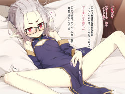 1girl bare_shoulders bed_sheet black-framed_eyewear black_dress black_sleeves blush check_translation china_dress chinese_clothes curtains detached_sleeves dress feet_out_of_frame female_masturbation fingering fingering_through_clothes forehead glasses grey_hair highres long_sleeves looking_away lying masturbation masturbation_through_clothes nose_blush ogami_kazuki on_back original parted_lips pelvic_curtain pillow pointy_ears red_eyes short_eyebrows sleeveless sleeveless_dress solo spread_legs thick_eyebrows through_clothes translation_request v-shaped_eyebrows violet_(ogami_kazuki) wide_sleeves rating:Explicit score:42 user:danbooru