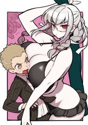  1boy 1other 2girls absurdres albino alternate_breast_size arm_at_side arm_on_own_head bare_hips bare_legs bare_shoulders between_breasts bikini black_bikini blush braid breasts brown_eyes brown_hair closed_mouth clueless collarbone curvy danganronpa_(series) danganronpa_2:_goodbye_despair formal frilled_bikini frills from_side glasses groin hair_ribbon highres huge_breasts jacket kakuzatou_(satousatotototo) kuzuryu_fuyuhiko legs long_sleeves looking_at_breasts looking_at_viewer multiple_girls nanami_chiaki neck necktie open_mouth pale_skin pekoyama_peko red_eyes ribbon serious shirt short_hair sidelocks size_difference striped_clothes striped_jacket suit swimsuit twin_braids unamused usami_(danganronpa) white_hair white_shirt  rating:Sensitive score:78 user:Monochromatic