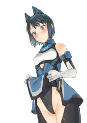  1girl alice_gear_aegis animal_ears bare_shoulders black_hair black_leotard blush branch_(blackrabbits) breasts commentary_request elbow_gloves embarrassed gloves grey_eyes highleg highleg_leotard highres leotard leotard_under_clothes looking_down short_hair simple_background small_breasts solo sweat takanashi_rei white_background 