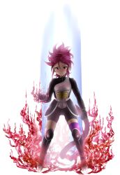 10s 1girl armor boots dragon_ball dragon_ball_heroes fire forte_(dragon_ball) gloves kotons long_hair mole mole_under_mouth monkey_tail pink_eyes pink_hair ponytail solo super_saiyan super_saiyan_god tail thighhighs white_background rating:Sensitive score:9 user:danbooru