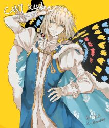  1boy arm_up blonde_hair blue_coat blue_eyes butterfly_wings capelet coat dated diamond_hairband facebook_username fate/grand_order fate_(series) fur-trimmed_capelet fur_trim gloves hair_between_eyes high_collar insect_wings juliet_sleeves long_sleeves norai0813 oberon_(fate) puffy_sleeves short_hair solo twitter_username white_gloves wings yellow_background 