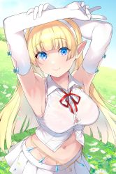 1girl absurdres armpits arms_up bare_shoulders blonde_hair blouse blue_eyes bra bra_strap bra_visible_through_clothes breasts button_gap collared_shirt commission crop_top dress_shirt elbow_gloves elf elf_no_radral flower gloves groin hairband highres inari_(inariya) large_breasts long_hair looking_at_viewer midriff miniskirt navel neck_ribbon original partially_unbuttoned pink_bra pleated_skirt pointy_ears ribbon see-through shirt skeb_commission skirt sleeveless sleeveless_shirt smile solo stomach underwear upper_body v white_flower white_gloves white_shirt white_skirt rating:Sensitive score:83 user:danbooru